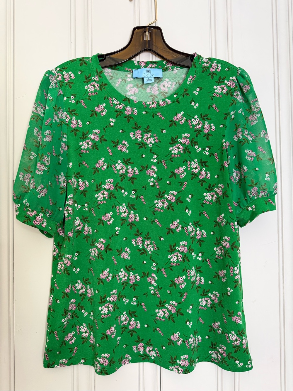 CeCe Bright Green Floral Short Sleeve Top